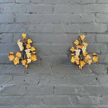Pair of Italian Gilded Metal Floral Wall Candle Holder Sconces 