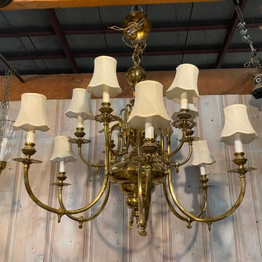 Vintage 12-Light Solid Brass Chandelier with Clip-On Shades