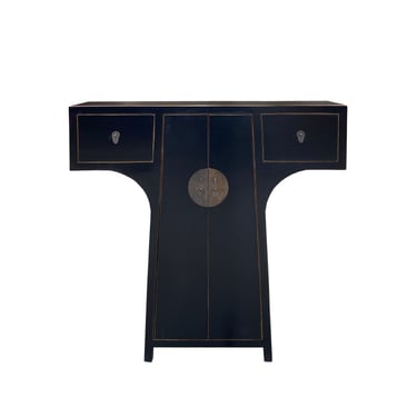 Chinese Moon Face T-Shape Black Lacquer Drawers Side Table Cabinet cs7478E 