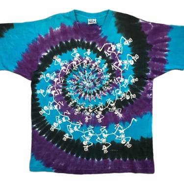 Vintage 1990 Liquid Blue Grateful Dead Spiral Dancing Skeleton’s Tye Dye Graphic T-Shirt Size XL 