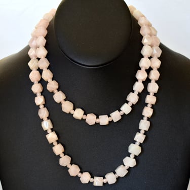 Art Deco 20's rose quartz flapper necklace, hand carved pink polyhedron & round beads opera length chain 