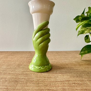 Vintage Ceramic Green Torch Hand Vase 