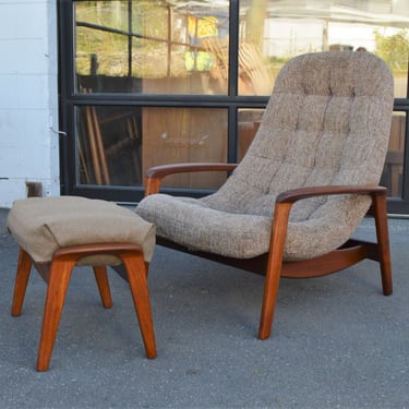 Teak Huber Scoop Chair & Optional Ottoman in Brown/Cream Tweed