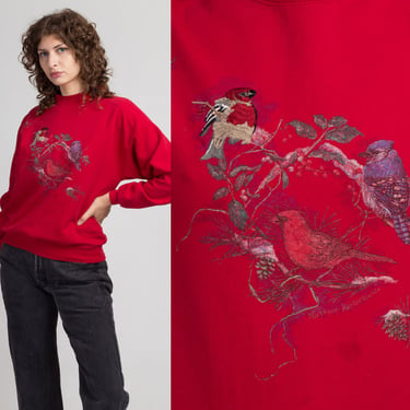 80s Cardinal & Blue Jay Graphic Sweatshirt - Medium | Vintage Slouchy Red Bird Animal Pullover 
