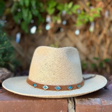 Sierra USA Made Leather Band Turquoise Straw Summer Hat Women's XL 