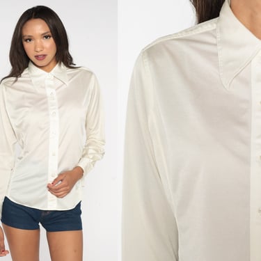 70s Button Up Shirt White Dagger Collar Top Long Sleeve Retro Basic Disco Shirt Collared Plain Seventies Blouse Vintage 1970s Medium Large 