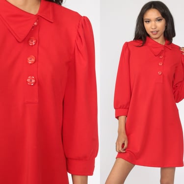 Red Mini Dress Asymmetrical Collar Button Up Dress 80s Mini Long PUFF SLEEVE Vintage Shift 1980s Plain Secretary Medium 