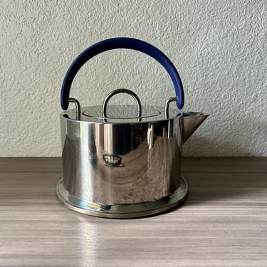 Vintage Bodum Tea Kettle, 1980's Stainless Steel Bodum teapot blue handle by designer C. Jorgensen Made in Italy 