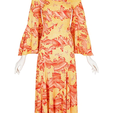 Mac Tac 1970s Vintage Abstract Print Orange Jersey Bell Sleeve Maxi Dress Sz S 