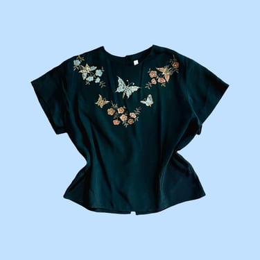 Vintage 1940s 1950s Hand Painted Novelty Blouse Butterfly Rhinestones Black Rayon  Medium 