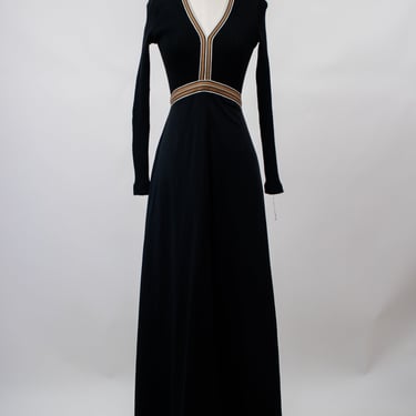 1970s Black Knit Maxi Dress with Gold Trim and V Neck