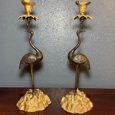 A Pair of 19th Century Gilt and Patinated Bronze Crane Candle Holders 