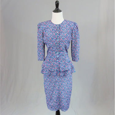 80s Blue Double Peplum Dress - Floral Print Pink Red Green - Cygnet - Vintage 1980s - Size XS S 