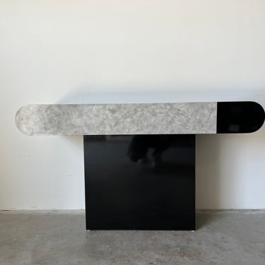 1980's Postmodern Black and Faux Goatskin Finish Laminate Console Table 