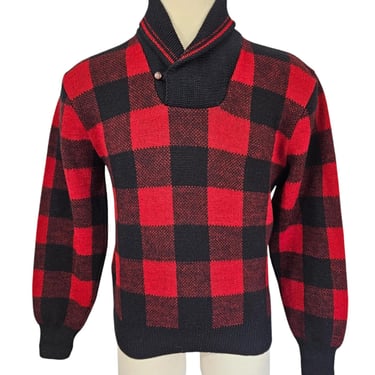 Vintage Pendleton Red Black Buffalo Plaid Knit Shawl Collar Pullover Sweater I Sz Lrg I 44