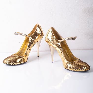 MIU MIU Gold Sequin Mary Jane Stiletto Pumps  sz 38 8 Metallic Sparkly 90s Y2K Made in Italy Vintage Designer Spike Heels 