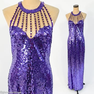 1980s Purple Sequin Evening Dress |1990s Purple Evening Dress | Lilli Rubin | Medium 