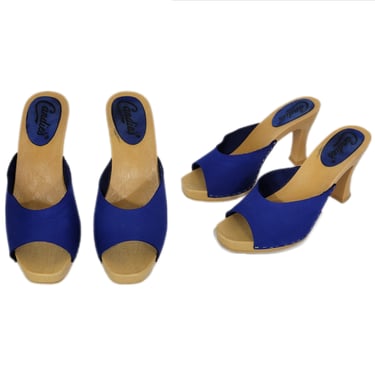 Candies 1990's Blue Leather Italian Made Peep Toe Slide Heel Sandal Shoes I Sz 8 I 39 
