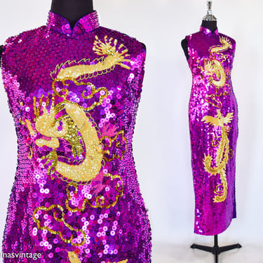 1990s Magenta Sequin Cheongsam Evening Dress | 90s Purple Sequin Evening Dress | Small 