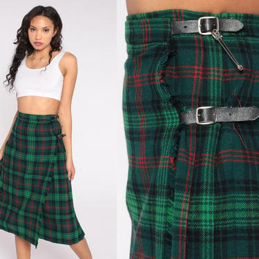 Wool Plaid Midi Skirt 70s School Girl Skirt Pleated Green Red Tartan High Waisted Preppy Grunge Checkered Kilt Vintage 1970s Extra Small XS 