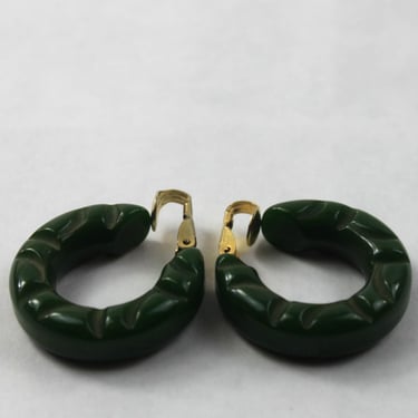 Bakelite Earrings Forest Green Carved Hoop Clipon 