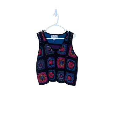 Vintage 90's Black Granny Square Crochet Vest, Size M 