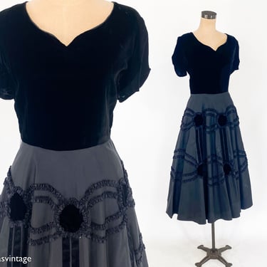 1940s Black Velvet & Taffeta Evening Dress | 40s Black Velvet Taffeta Cocktail Dress | Old Hollywood | Medium 