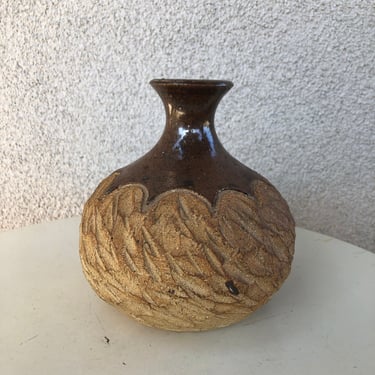 Sale Vintage boho textured brown glaze pottery weed pot signed by Paula 6.5” x 5.5” 
