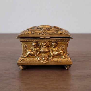 Petite Antique French Neoclassical Gilt Bronze Jewel Casket Decorative Box 
