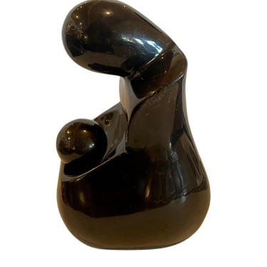 Solid Polished Black Onyx Mother &amp; Child Sculpture Postmodern