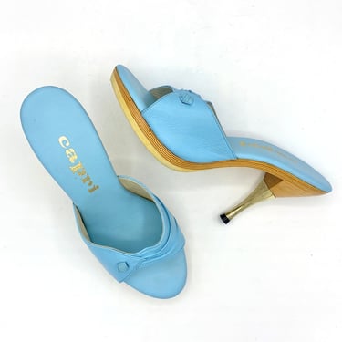 Vintage 1960s Iconic Bad Girl Stiletto Heel Mules, Blue Leather Bombshell Sandals w/Wooden Base/Metal Heel Tip, New-Old Stock, US Size 6 