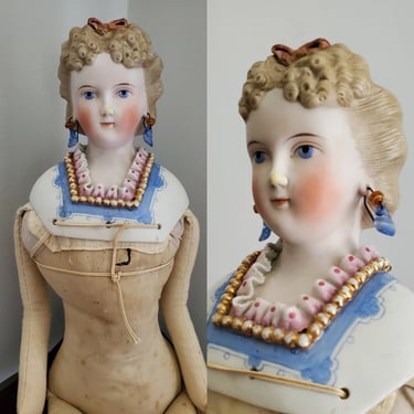 Antique Parian Doll with Curly Hairstyle, Pierced Ears and Ornate Molded Shoulder - Antique German Dolls - Collectible Dolls - 21