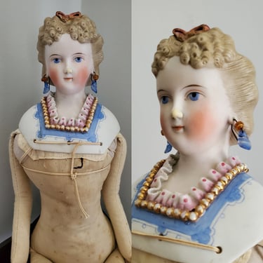 Antique Parian Doll with Curly Hairstyle, Pierced Ears and Ornate Molded Shoulder - Antique German Dolls - Collectible Dolls - 21" Tall 