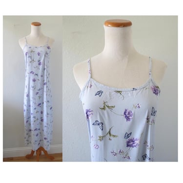 Vintage 90s Slip Dress - Pastel Floral Butterfly Print Spaghetti Strap Midi Dress for Spring or Summer - Size Small 