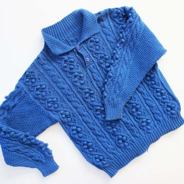 Vintage 80s Bright Blue Cable Knit Pom Pom Knit Collared Cotton Sweater S - 1980s Preppy Knitted Jumper Solid Color 