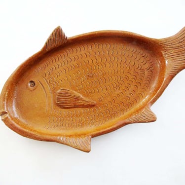 Vintage Terracotta Fish Plate - Hand Made Mexican Brown Clay Fish Dish Catchall - Quirky Rustic Beach Nautical Home Decor 