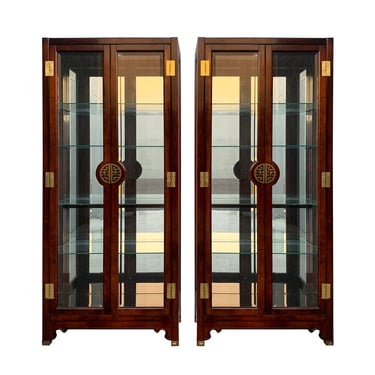 Vintage American of Martinsville Glass Display Cabinets Asian Style, Pair 