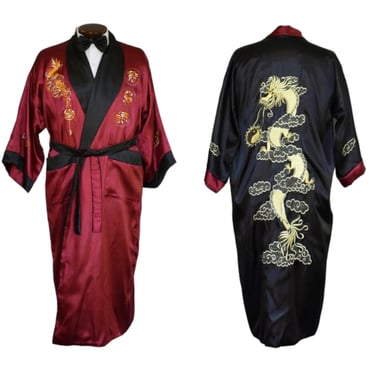 Vintage 80s Mens Smoking Robe, 1980s Asian Satin Reversible Robe, Dragon Embroidered Lounging Robe, Size Large to Extra Large, L to XL 