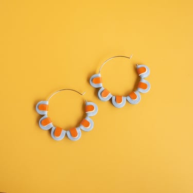 Double Scalloped Hoop Earrings in Blue / Orange - Layered Reclaimed Leather Statement Earrings 
