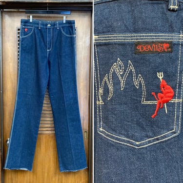 Vintage 1980’s w35 “Devils” Flame Pitchfork Detail Embroidery New Wave Designer Denim Jeans, 80’s Vintage Clothing 