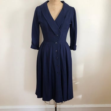 Navy Blue Structured Button Down Dress - 1950s 