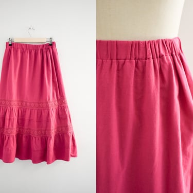 1990s Hot Pink Linen Blend Tiered Midi Skirt 