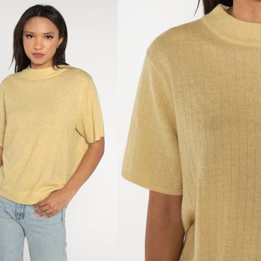 Metallic Yellow Sweater Top 80s Knit Shirt Short Sleeve Silver Blouse Party Sweater Cocktail 1980s Mock Neck Slouchy Retro Vintage Large 