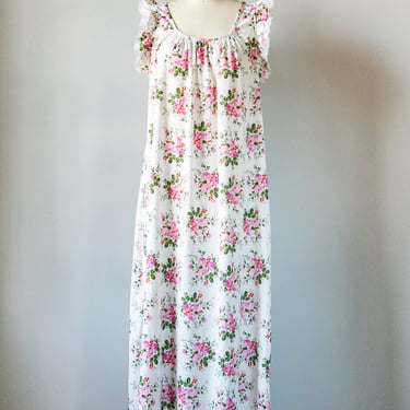 1970s Nightgown Slip Dress Floral Maxi S/M 