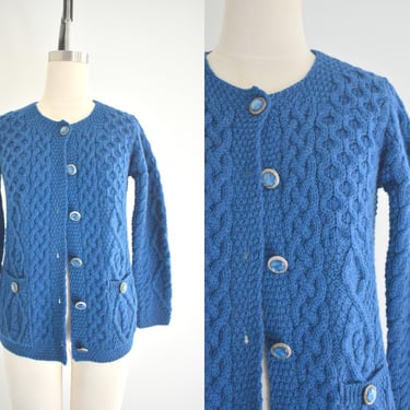 1990s Aran Crafts Dark Blue Irish Merino Wool Cardigan Sweater 