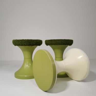 set of 3 Round vintage German Tuilp stool plastic with fabric seat, 1970s 