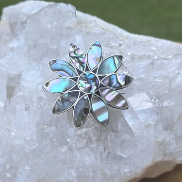 Vintage Mexican Alpaca Silver and Abalone Inlay Flower Pin/Brooch -Full of Fire-Mother of Pearl 1970's- Beautiful! 