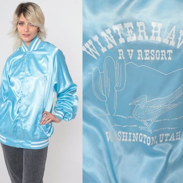 Satin Bomber Jacket 80s Winterhaven RV Resort Utah Baseball Jacket Cactus Roadrunner Snap Up Uniform Varsity Vintage 1980s Extra Large xl 