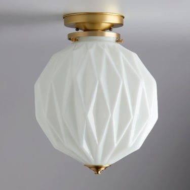 Clearance/ 2nds glass Mid century modern - ceiling light - flush mount brass light - white glass semi flush fixture - foyer lighting 