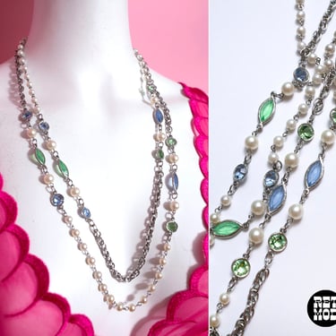 Pretty Vintage 70s Pearl & Green Blue Rhinestone Silver Chain Necklace 